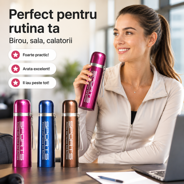 Termos din otel inoxidabil cu izolatie vacuum, perete dublu, 500 ml, capac sigur, Albastru [6]
