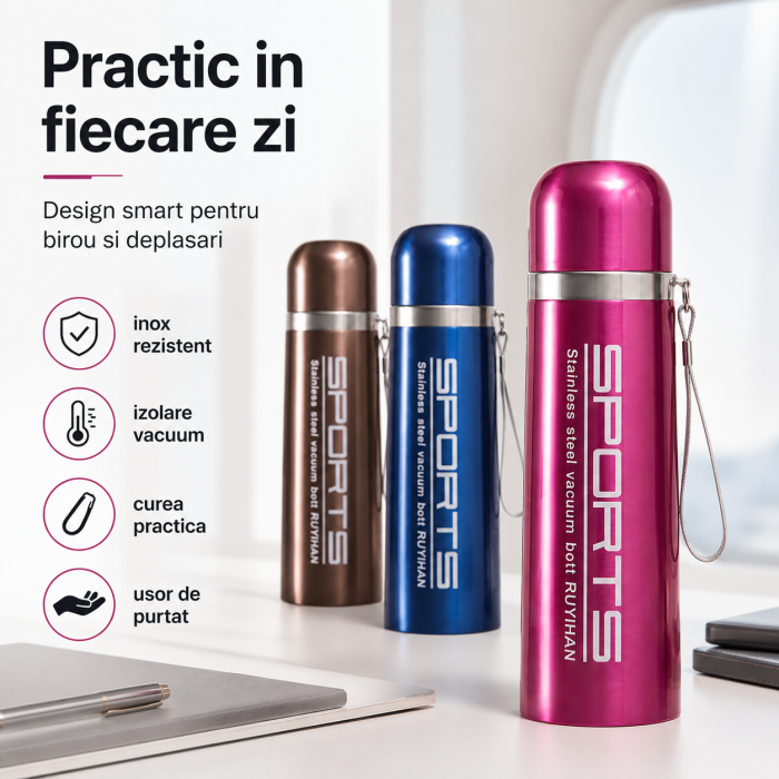 Termos din otel inoxidabil cu izolatie vacuum, perete dublu, 500 ml, capac sigur, roz [3]
