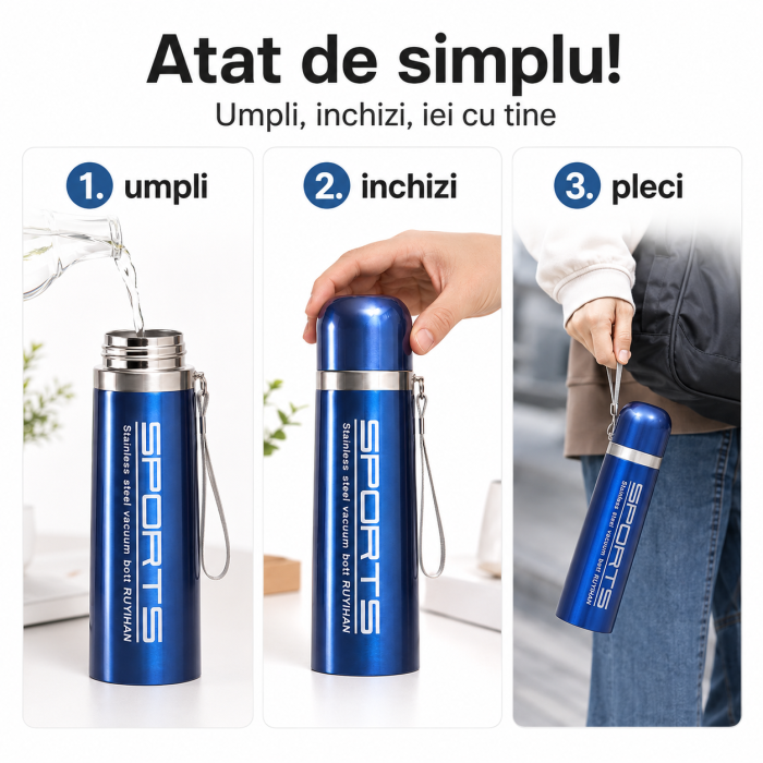 Termos din otel inoxidabil cu izolatie vacuum, perete dublu, 500 ml, capac sigur, roz [4]