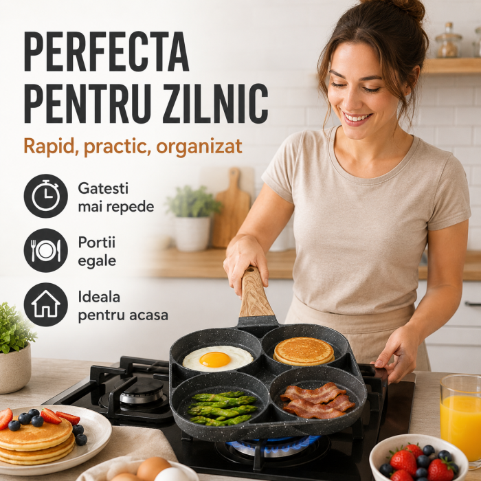 Tigaie antiaderenta  cu 4 compartimente, aluminiu, maner din lemn, 32 cm, gri [4]
