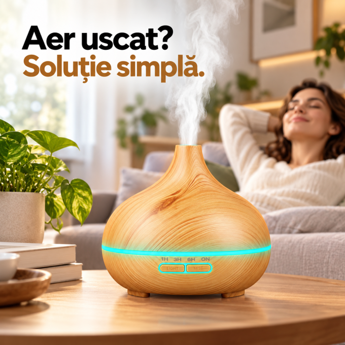 Umidificator difuzor de aroma ultrasonic 400 ml, abur rece, LED 7 culori, temporizator 1/3/6h, 13W, aspect lemn [4]