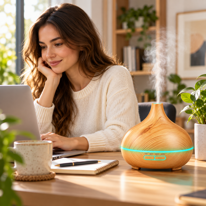 Umidificator difuzor de aroma ultrasonic 400 ml, abur rece, LED 7 culori, temporizator 1/3/6h, 13W, aspect lemn [3]