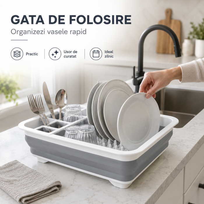 Uscator pliabil pentru vase si tacamuri cu picurator, din silicon, 31 x 16,2 cm, gri-alb [3]