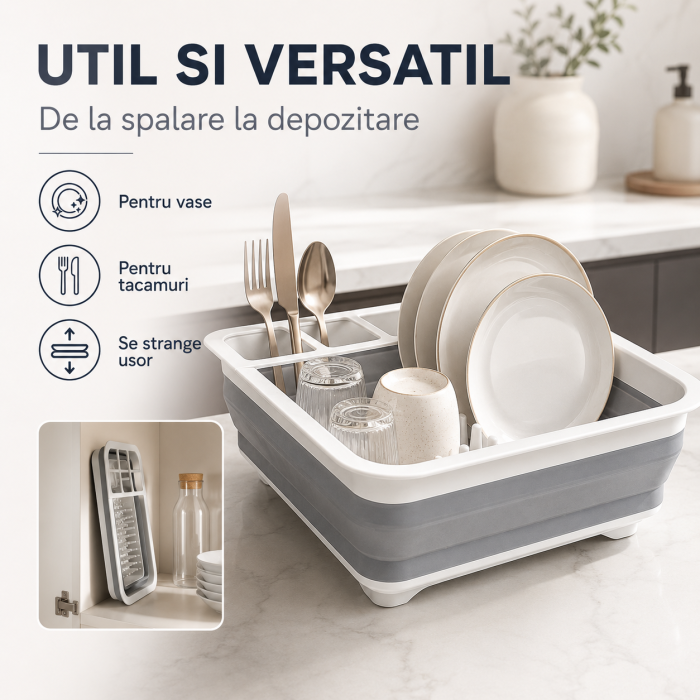 Uscator pliabil pentru vase si tacamuri cu picurator, din silicon, 31 x 16,2 cm, gri-alb [5]