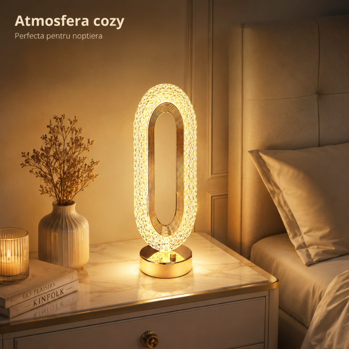 Veioza de Noptiera cu Abajur Cristal Acril & ABS, 5W, 3000mAh, Tactila cu 3 Culori, Auriu - imagine principala produs [4]