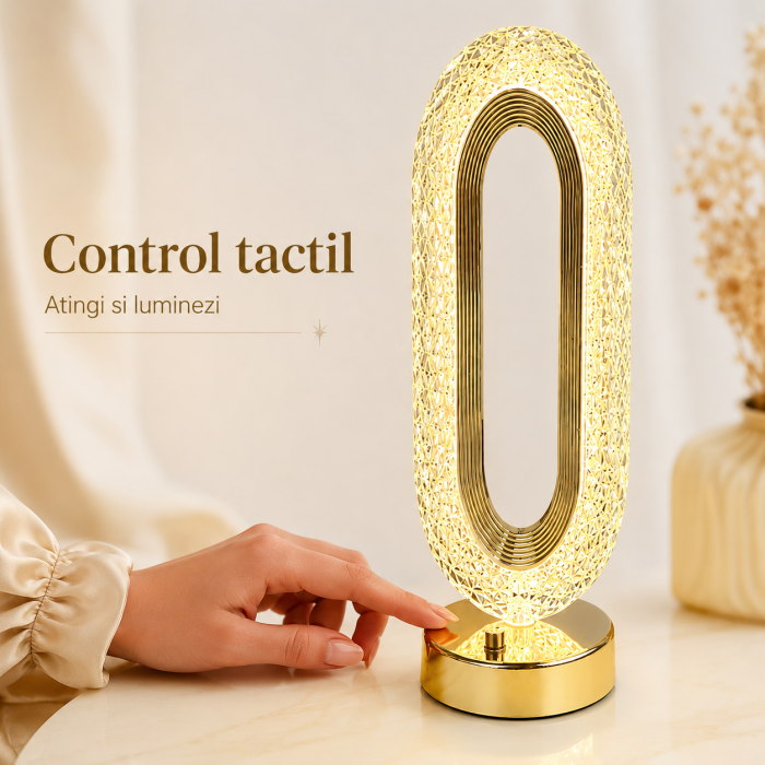 Veioza de Noptiera cu Abajur Cristal Acril & ABS, 5W, 3000mAh, Tactila cu 3 Culori, Auriu - imagine principala produs [5]