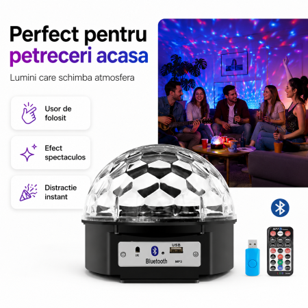 Glob disco LED cu difuzor Bluetooth, USB/SD, proiector RGB si telecomanda [3]