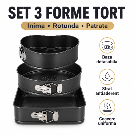 Casa si Gradina - Set 3 forme tort antiaderente, inima, rotunda si patrata, cu baza detasabila, culoare negru