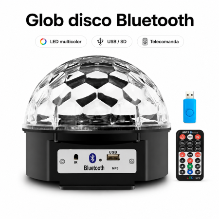 Iluminat - Glob disco LED cu difuzor Bluetooth, USB/SD, proiector RGB si telecomanda