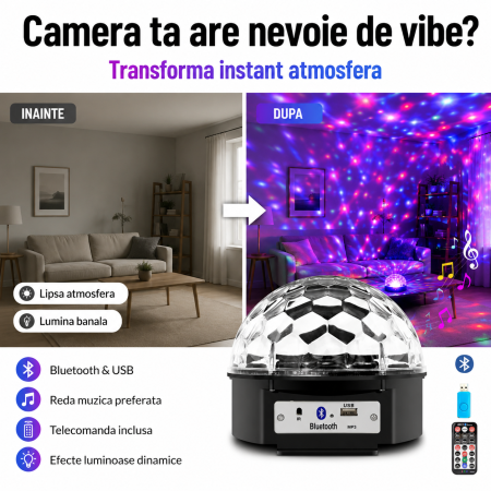 Glob disco LED cu difuzor Bluetooth, USB/SD, proiector RGB si telecomanda [1]