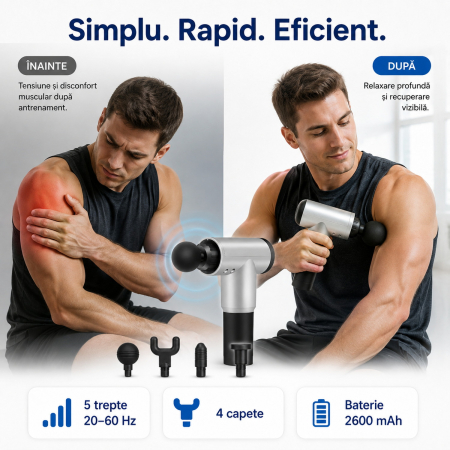 Aparat de masaj Gun, 5 trepte 20-60 Hz, 4 capete, baterie 2600 mAh, autonomie pana la 3 ore [3]