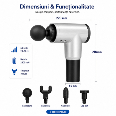 Aparat de masaj Gun, 5 trepte 20-60 Hz, 4 capete, baterie 2600 mAh, autonomie pana la 3 ore [5]