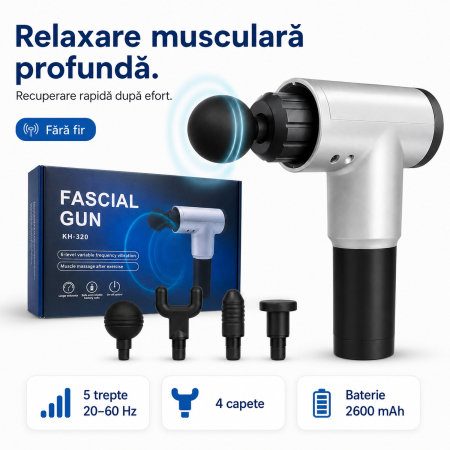 Beauty si ingrijire - Aparat de masaj Gun, 5 trepte 20-60 Hz, 4 capete, baterie 2600 mAh, autonomie pana la 3 ore