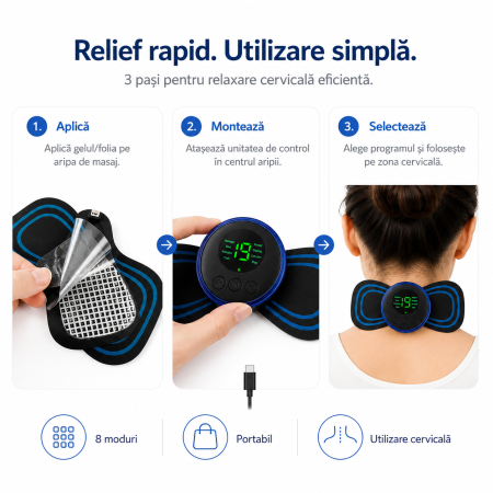 Aparat masaj cervical electric, 8 programe, stimulare electromagnetica, design portabil [5]