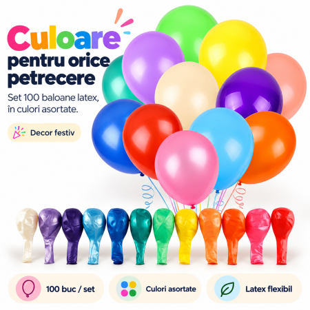 Decoratiuni - Set 100 baloane latex multicolore pentru petreceri, aniversări și decorarea evenimentelor.