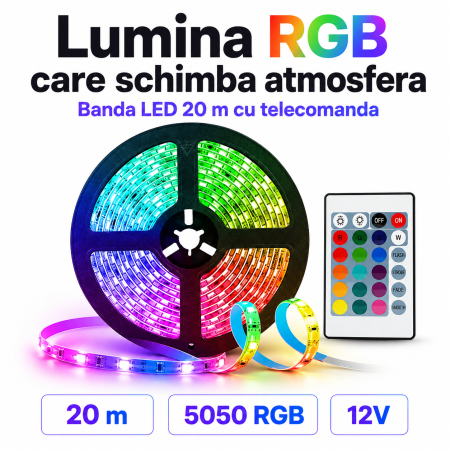 Iluminat - Banda LED RGB 20m, 5050, autoadeziva, 12V, cu telecomanda