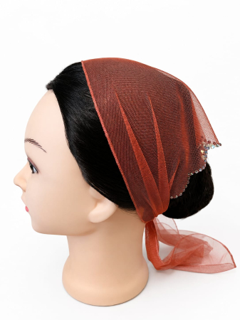 Batic din tulle cu pietricele - Batic elegant pentru biserica din tulle fin, Caramiziu, decorat cu pietricele irizante, accesoriu de cap feminin.