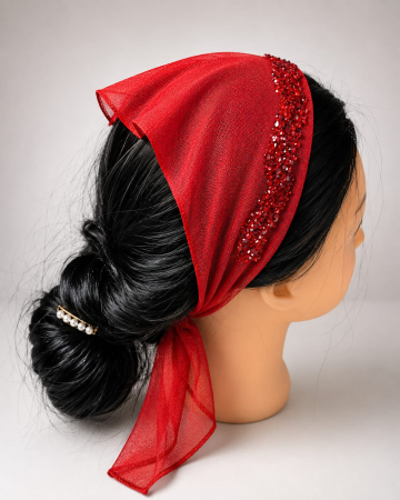 Batic din tulle cu accesoriu pe margine - Batic din tulle cu accesoriu pe margine, model Rosu Aprins, accesoriu de cap feminin si elegant