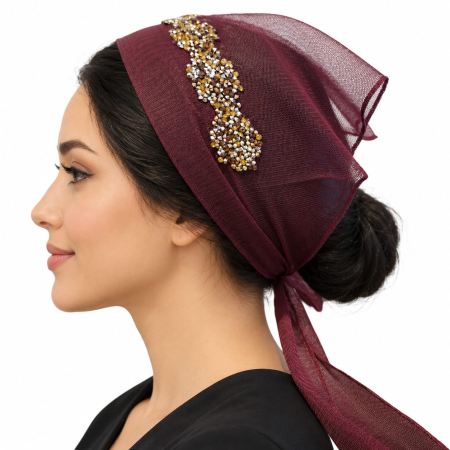 Batic din tulle cu accesoriu pe margine - Batic din tulle cu accesoriu pe margine, model Visiniu Regal, accesoriu de cap feminin si elegant