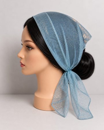 Batic din tulle cu model - Batic pentru biserica din tulle usor si confortabil, model feminin cu sclipici fin, Bleu Deschis cu Sclipici Fin.