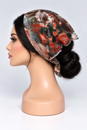 Baticute & Cordelute - Baticut din dantela cu imprimeu floral caramiziu, verde si crem, decorat cu pietricele argintii pe margine, accesoriu de cap feminin si elegant pentru biserica.