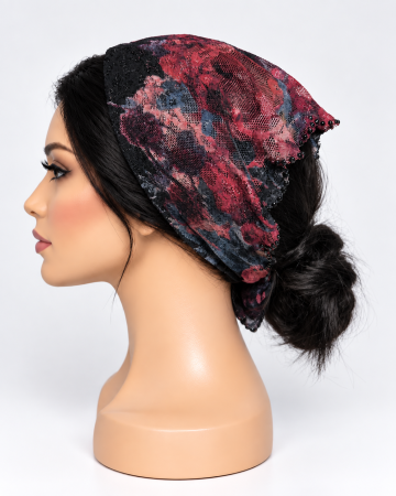 Baticute & Cordelute - Baticut din dantela cu imprimeu floral visiniu si bleumarin, decorat cu pietricele pe margine, accesoriu de cap feminin si elegant pentru biserica.