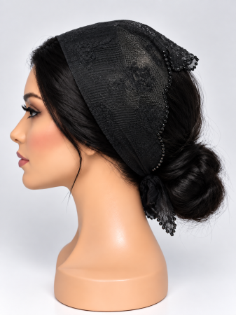 Baticute din dantela cu pietricele - Baticut din dantela Negru Floral cu pietricele decorative pe margine, accesoriu de cap feminin si elegant pentru biserica.