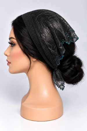 Baticute & Cordelute - Baticut din dantela neagra cu pietricele decorative turcoaz pe margine, accesoriu de cap feminin si elegant pentru biserica.