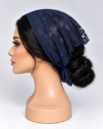 Baticute & Cordelute - Baticuț elegant pentru femei din dantelă bleumarin cu model floral și pietricele pe margine, accesoriu de cap pentru biserică.