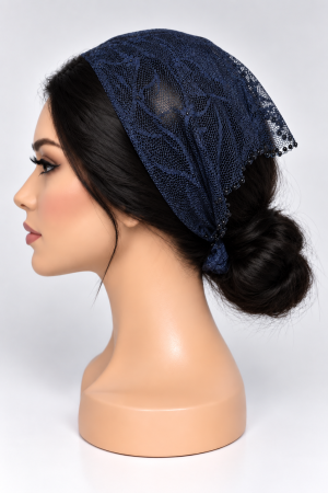Baticute & Cordelute - Baticut din dantela bleumarin cu model frunze si pietricele decorative pe margine, accesoriu de cap feminin si elegant pentru biserica.