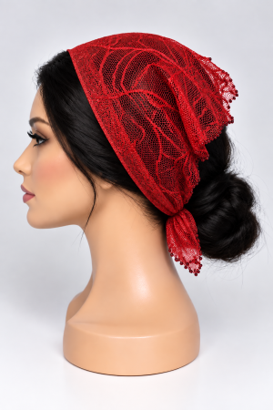 Baticute din dantela cu pietricele - Baticut din dantela rosu aprins perlat cu model frunze si pietricele decorative pe margine, accesoriu de cap feminin si elegant pentru biserica.