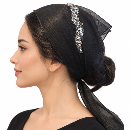 Baticute & Cordelute - Baticut elegant din tulle Negru cu strasuri fumurii-argintii in model ornamental pe margine, pentru femei.