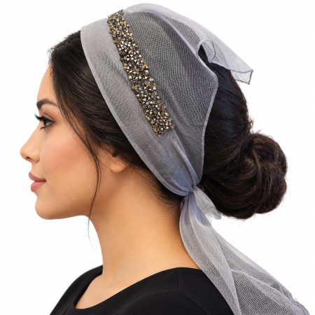 Baticute & Cordelute - Baticut elegant pentru biserica din tulle Gri Perlat cu strasuri fumurii pe margine, accesoriu feminin.
