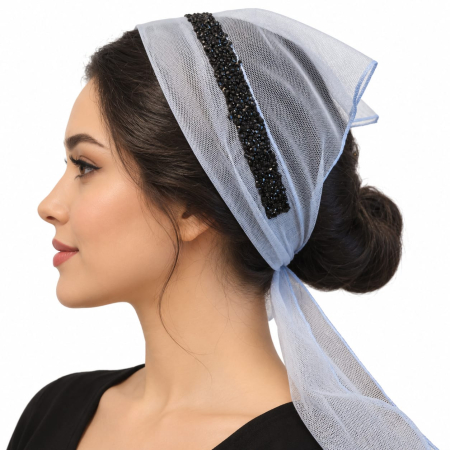Baticute & Cordelute - Baticuț elegant pentru femei din tulle Bleu Deschis cu strasuri negre decorative pe margine.