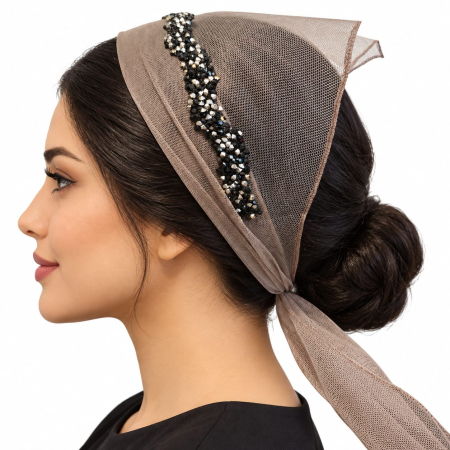 Baticute & Cordelute - Baticuț elegant pentru femei din tulle Grej Taupe cu strasuri negre și argintii pe margine.