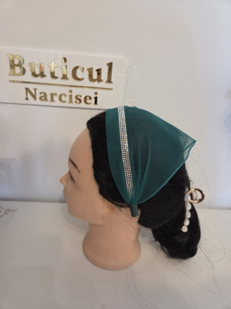 Baticute cu accesoriu pe coronita/cordeluta - Baticut elegant pentru biserica pe coronita, verde petrol, din tulle fin cu strasuri argintii, accesoriu de cap feminin si rafinat.