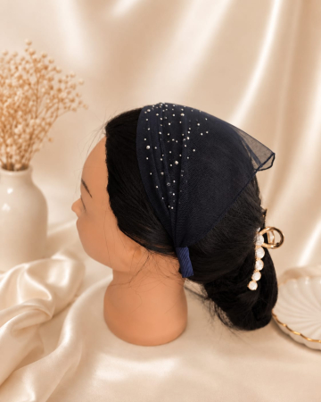 Baticute & Cordelute - Baticut elegant pentru biserica pe coronita, accesoriu de cap din tulle usor si confortabil, model feminin cu strasuri, Bleumarin cu Strasuri Argintii