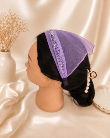 Baticute & Cordelute - Baticut elegant pentru biserica pe coronita, accesoriu de cap din tulle usor si confortabil, model feminin cu strasuri, Lila cu Strasuri Argintii