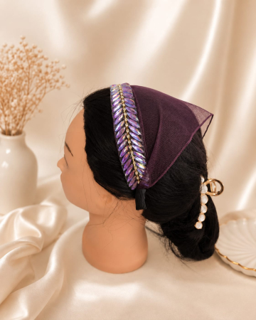 Baticute & Cordelute - Baticut elegant pentru biserica pe coronita, accesoriu de cap din tulle usor si confortabil, model feminin cu strasuri, Mov Pruna cu Strasuri Irizante Lila