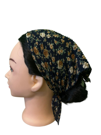 Baticute & Cordelute - Baticut plisat pentru femei, bleumarin cu imprimeu floral caramel si bej, accesoriu de cap feminin, elegant si confortabil.
