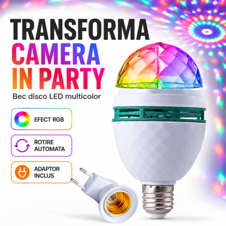 Iluminat - Bec rotativ LED multicolor disco 3W, E27, cu adaptor priza, alb