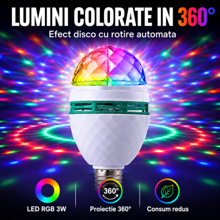 Bec rotativ LED multicolor disco 3W, E27, cu adaptor priza, alb [2]