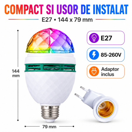 Bec rotativ LED multicolor disco 3W, E27, cu adaptor priza, alb [3]