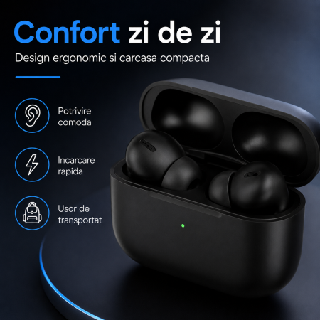 Casti Bluetooth Pro 3 - Sunet HD, Dual True Stereo, Microfon, Touch, Negru, gadget modern - imagine principala produs [5]