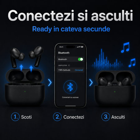 Casti Bluetooth Pro 3 - Sunet HD, Dual True Stereo, Microfon, Touch, Negru, gadget modern - imagine principala produs [4]