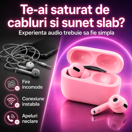 Casti Bluetooth Pro 3 - Sunet HD Dual True Stereo, Microfon, Touch, Roz, gadget modern - imagine principala produs [2]