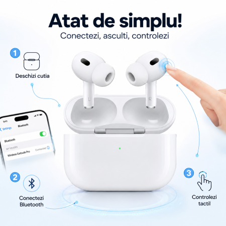 Casti intraauriculare wireless - Sunet HD, Bluetooth 5.1 rapid si control tactil, + 1 mini cadou, Alb | alb, gadget modern - imagine principala produs [3]