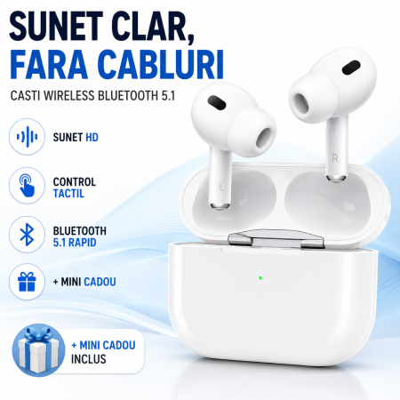 Electronice - Casti intraauriculare wireless - Sunet HD, Bluetooth 5.1 rapid si control tactil, + 1 mini cadou, Alb | alb, gadget modern - imagine principala produs