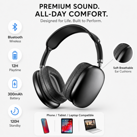 Casti Wireless Over-Ear P9 Pro, Bluetooth, 12 ore redare, 120 ore standby, Negru, gadget modern - imagine principala produs|Casti Wireless Over-Ear P9 Pro, Bluetooth, 12 ore redare, 120 ore standby, Negru, gadget modern - detaliu produs 2|Casti Wireless Over-Ear P9 Pro, Bluetooth, 12 ore redare, 120 ore standby, Negru, gadget modern - detaliu produs 3 [1]