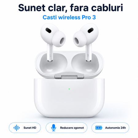 Electronice - Casti wireless Pro 3, sunet HD, reducere zgomot, autonomie 24h, Alb, gadget modern - imagine principala produs